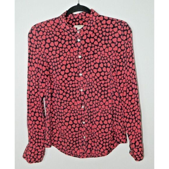 J. Crew Blouse Size 0 Silk Black Pink Button Front Pink Heart Print - Picture 3 of 9